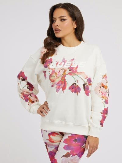 Guess All Over Floral Logo Kadın Tişörtü Beyaz | TR-840677