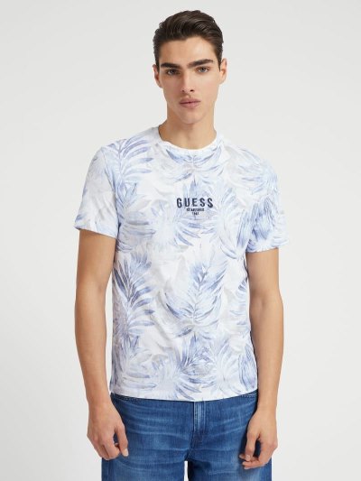 Guess All Over Foliage Print Erkek Tişört Mavi | TR-676984