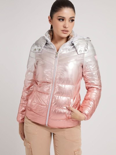 Guess All Over Print Yastıklı Naylon Kadın Puffer Jacket Pembe | TR-561656