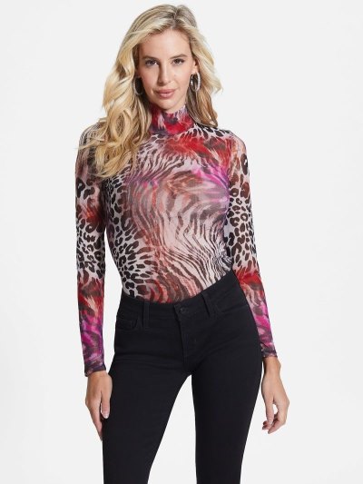 Guess Animalier Mesh Kadın Üstler Kırmızı | TR-263728