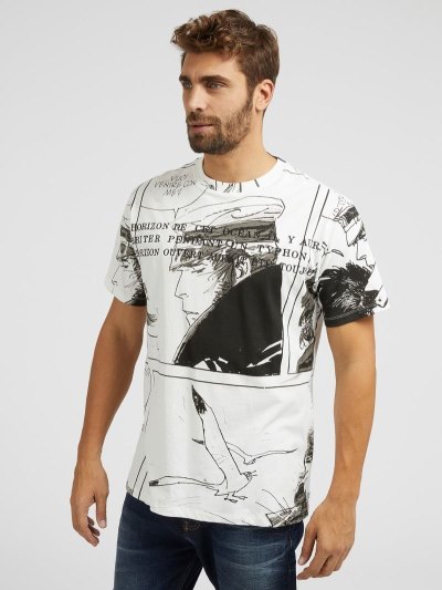 Guess Corto Maltese Print Erkek Tişört Beyaz | TR-478886