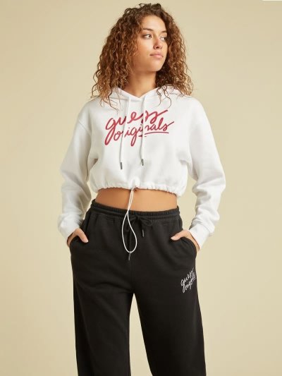 Guess Cropped Kadın Kapüşonlu Sweatshirt Beyaz | TR-708740