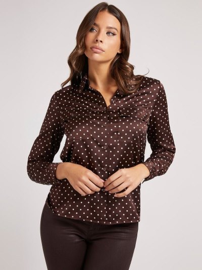 Guess Dots Print Satin Kadın Gömlek Kahverengi | TR-022559