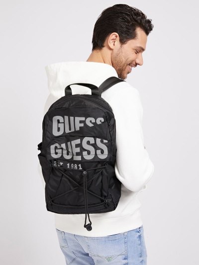 Guess Elvis Logo Lettering Erkek Sırt Çantaları Siyah | 7NEKC4LK