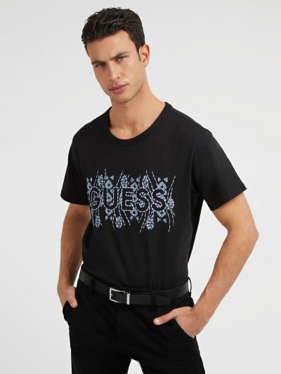 Guess Embroidered Logo Erkek Tişört Siyah | TR-235104