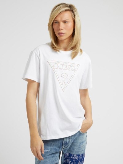 Guess Embroidered Triangle Logo Erkek Tişört Beyaz | TR-674583