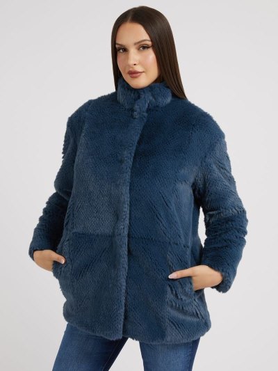 Guess Faux Fur Kadın Kaban Mavi | TR-712796