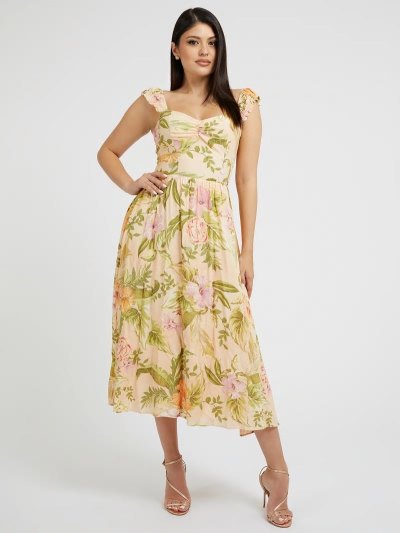 Guess Floral Print Midi Kadın Elbise Yeşil | TR-885516