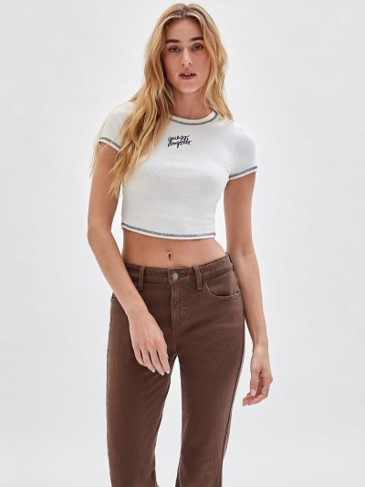 Guess Front Logo Crop Kadın Tişört Bej Rengi | TR-948874