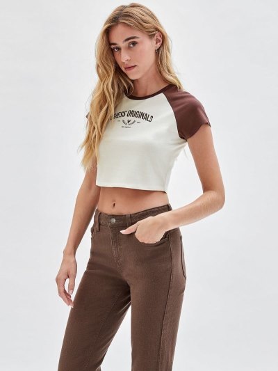 Guess Front Logo Crop Kadın Tişört Beyaz | TR-915537