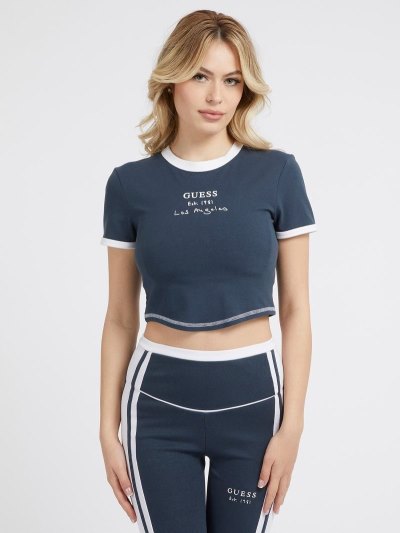 Guess Front Logo Crop Kadın Tişört Koyu Mavi | TR-916524