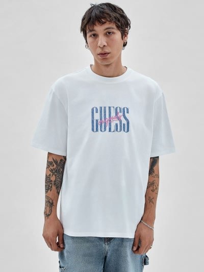 Guess Front Logo Erkek Tişört Beyaz | TR-523870