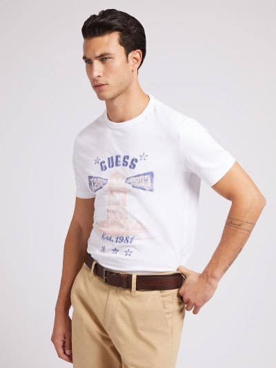 Guess Front Logo Erkek Tişört Beyaz | TR-934745