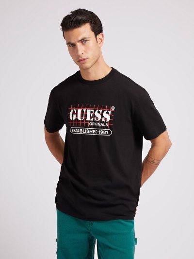 Guess Front Logo Erkek Tişört Siyah | TR-717677