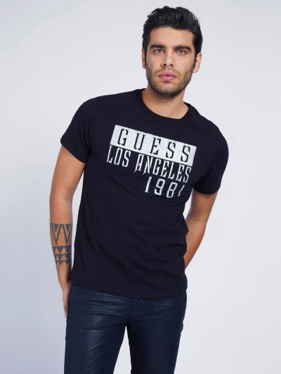 Guess Front Logo Erkek Tişört Siyah | TR-979909