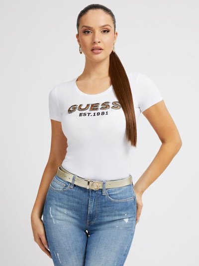 Guess Front Logo Kadın Tişört Beyaz | TR-685483