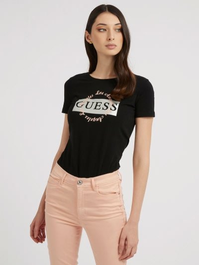 Guess Front Logo Kadın Tişört Siyah | TR-399279