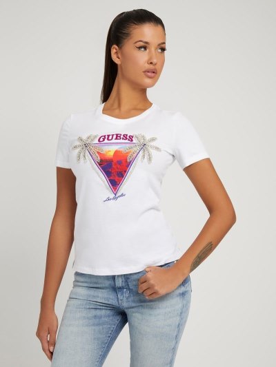 Guess Front Print Kadın Tişört Beyaz | TR-957964