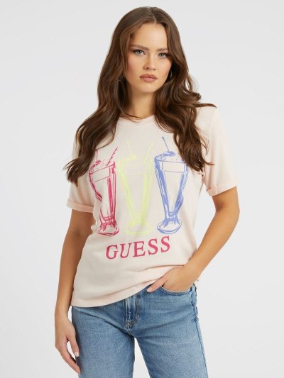 Guess Front Print Kadın Tişört Pembe | TR-330685