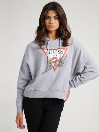 Guess Icon Logo Hoodie Kadın Tişörtü Gri | TR-834784