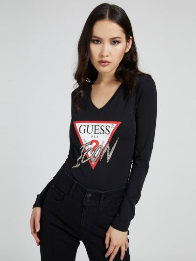 Guess Iconic Rhinestone Triangle Kadın Tişört Siyah | TR-716751