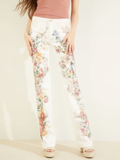 Guess Kot Pantolon Floral Print Bootcut Kadın Giyim Beyaz | TR-880677