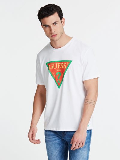 Guess Lisbon Logo Erkek Tişört Beyaz | TR-627225