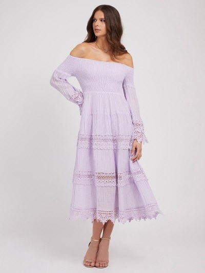 Guess Macramé Off-shoulder Kadın Elbise Lilac | TR-938998