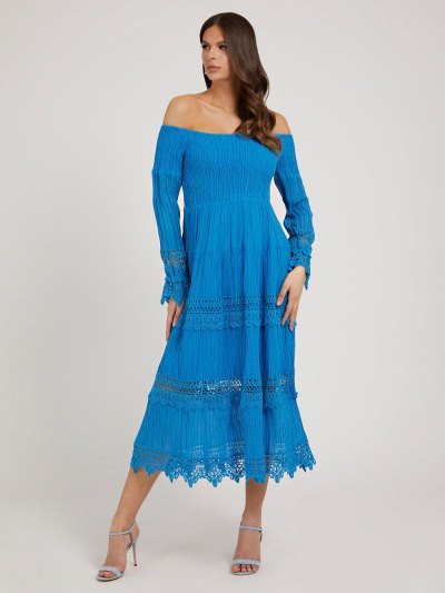 Guess Macramé Off-shoulder Kadın Elbise Mavi | TR-993706