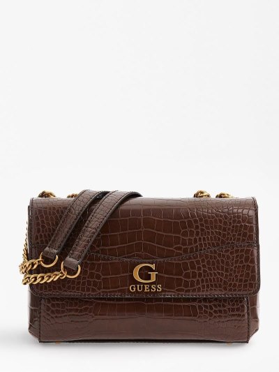 Guess Nell Croc-print Kadın Çapraz Askılı Çanta Kahverengi | TR-303395