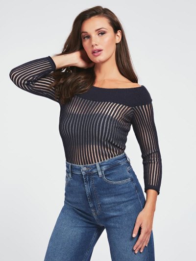 Guess Off Shoulder Pamuklu Blend Kadın Kazak Mavi | TR-465212