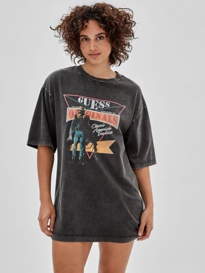 Guess Print T-shirt Kadın Elbise Siyah | TR-700457