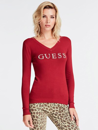 Guess Rhinestone Logo Front Kadın Süveter Kırmızı | TR-067312