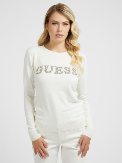 Guess Rhinestones Front Logo Kadın Kazak Beyaz | TR-376098