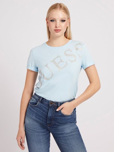 Guess Rhinestones Logo Kadın Tişört Açık Mavi | TR-911399