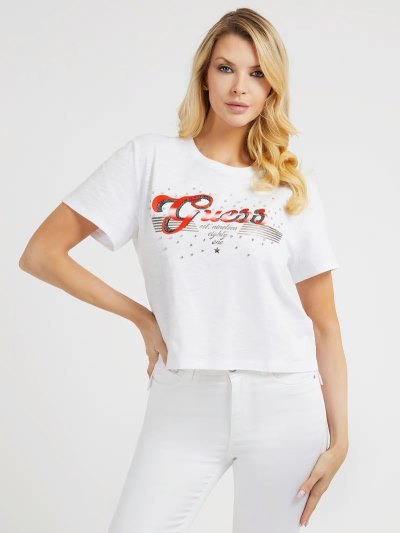 Guess Rhinestones Logo Kadın Tişört Beyaz | TR-832529