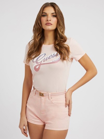 Guess Rhinestones Logo Kadın Tişört Pembe | TR-165391