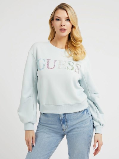 Guess Rhinestones Logo Kadın Tişörtü Mavi | TR-065841