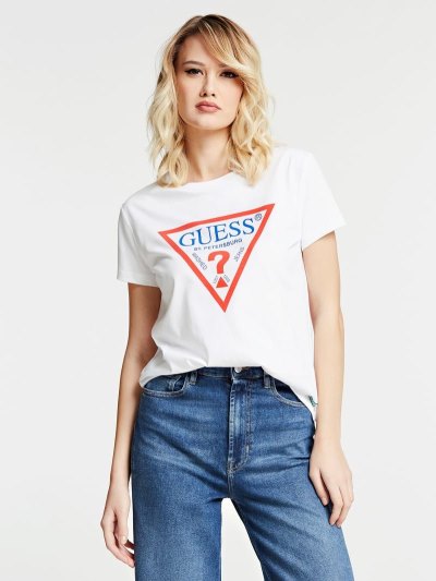 Guess Saint Petersburg Logo Kadın Tişört Beyaz | TR-228897