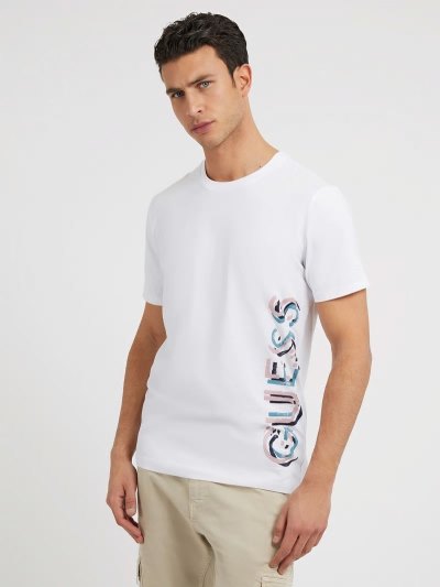 Guess Side Vertical Logo Print Erkek Tişört Beyaz | TR-583353