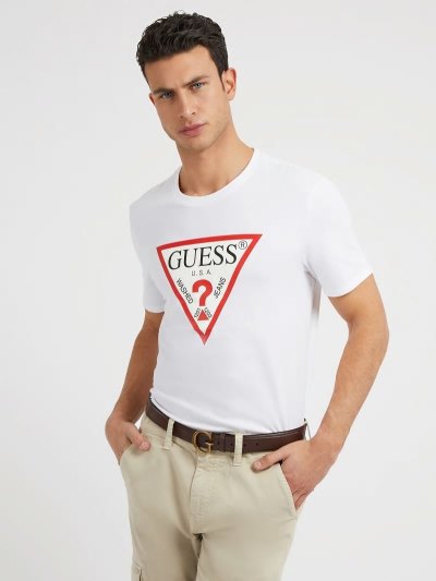 Guess Triangle Logo Erkek Tişört Beyaz | TR-905382