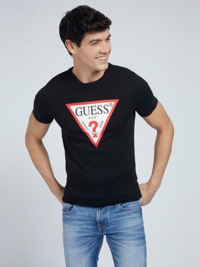 Guess Triangle Logo Erkek Tişört Siyah | TR-281505