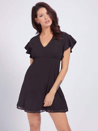 Guess V-neck Ruffle Kadın Elbise Siyah | TR-600354