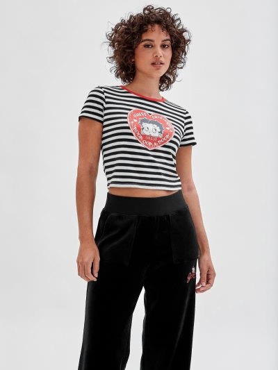 Guess Çizgili Crop Kadın Tişört Siyah | TR-816759