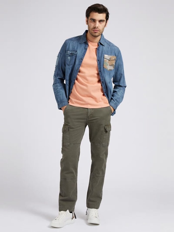 Guess Abrasions Slim Fit Erkek Denim Shirts Mavi | TR-855117