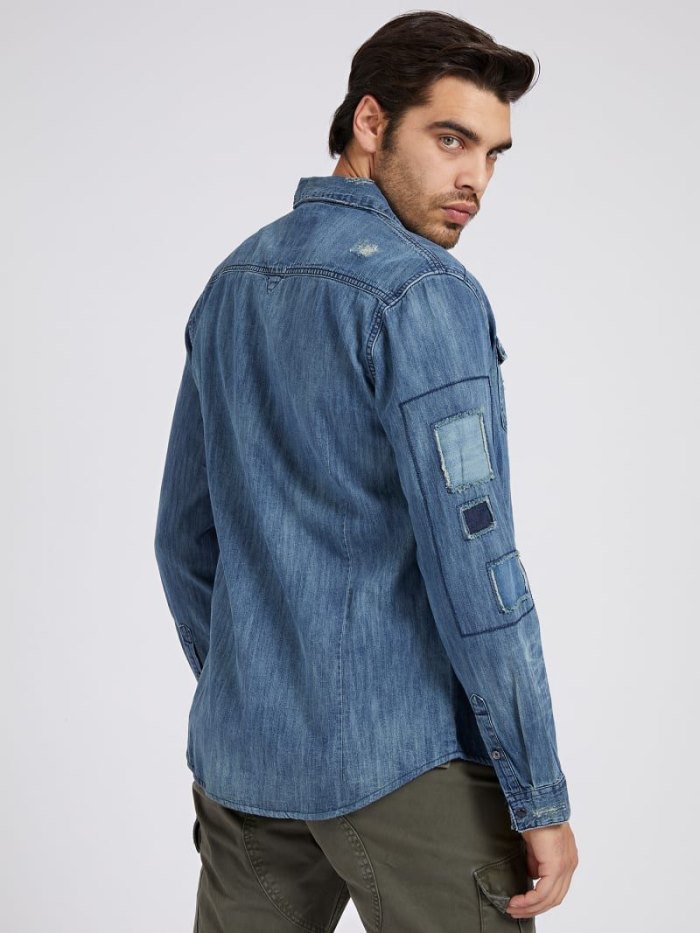 Guess Abrasions Slim Fit Erkek Denim Shirts Mavi | TR-855117