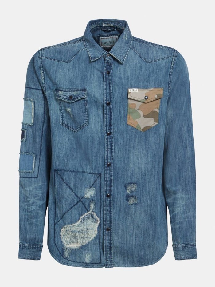 Guess Abrasions Slim Fit Erkek Denim Shirts Mavi | TR-855117