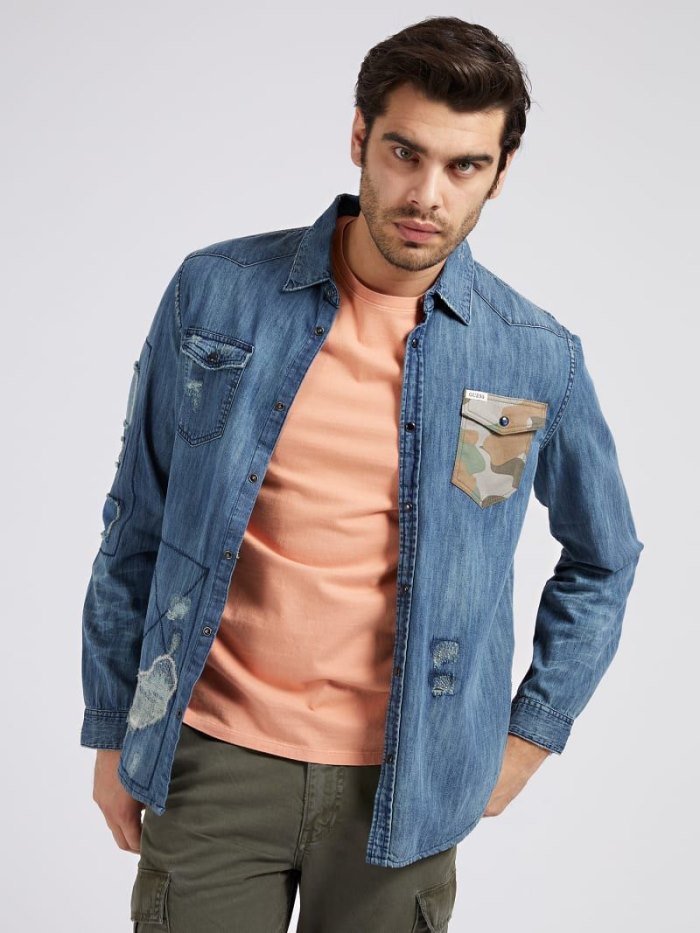 Guess Abrasions Slim Fit Erkek Denim Shirts Mavi | TR-855117