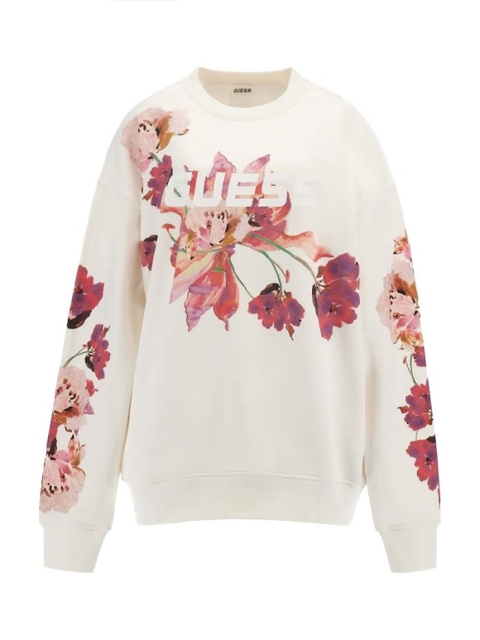 Guess All Over Floral Logo Kadın Tişörtü Beyaz | TR-840677