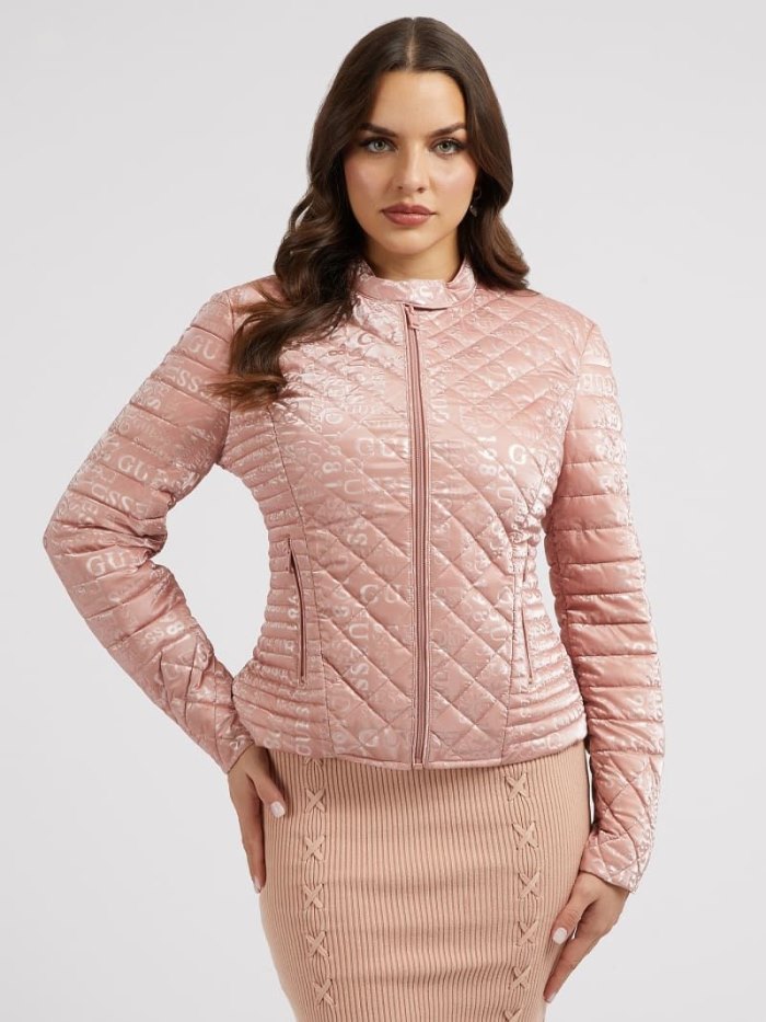 Guess All Over Logo Kadın Puffer Jacket Pembe | TR-522301